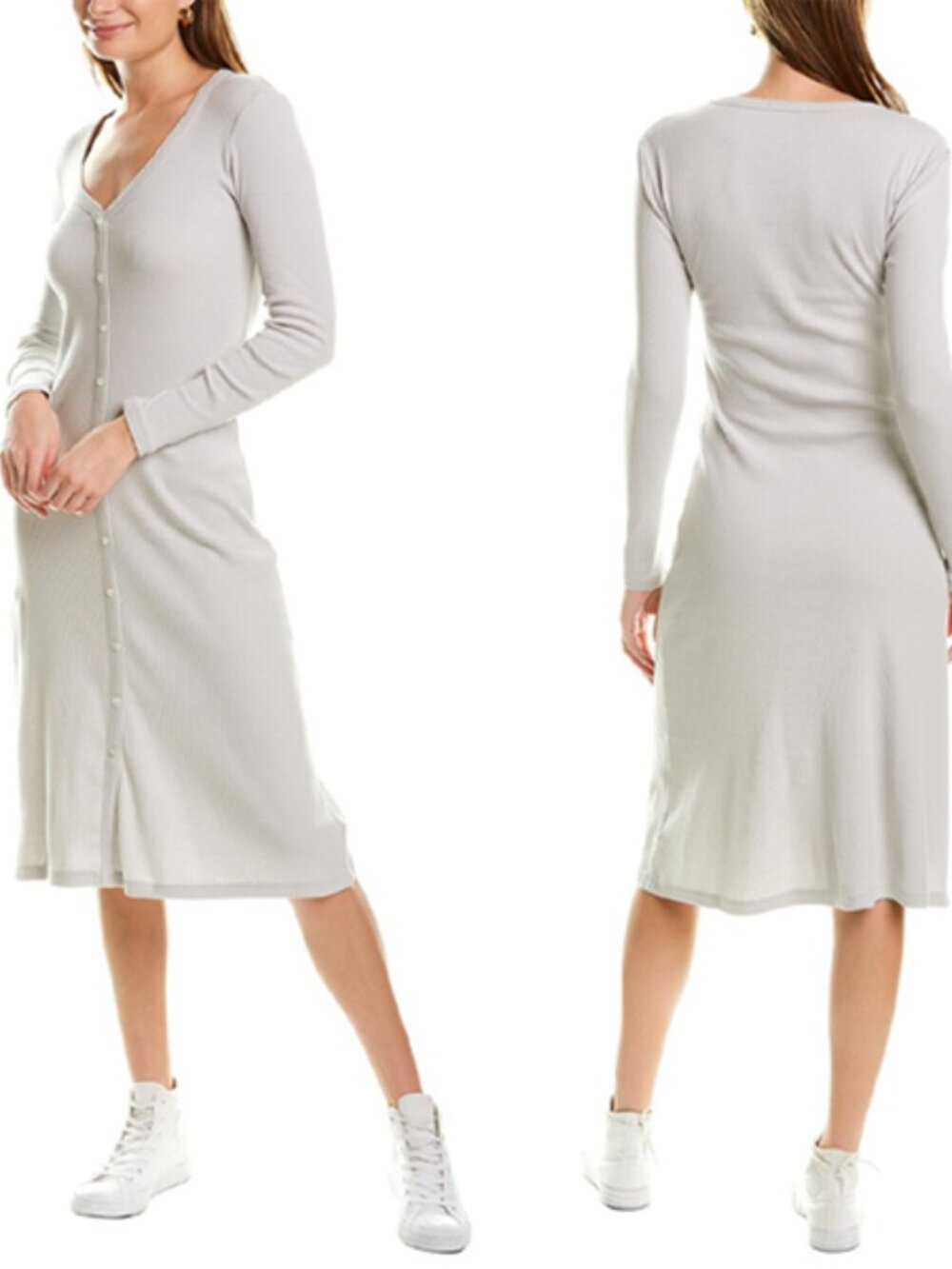 NWT $265 James Perse Salt V-Neck Cotton Rib Button Front Long Cardigan Dress